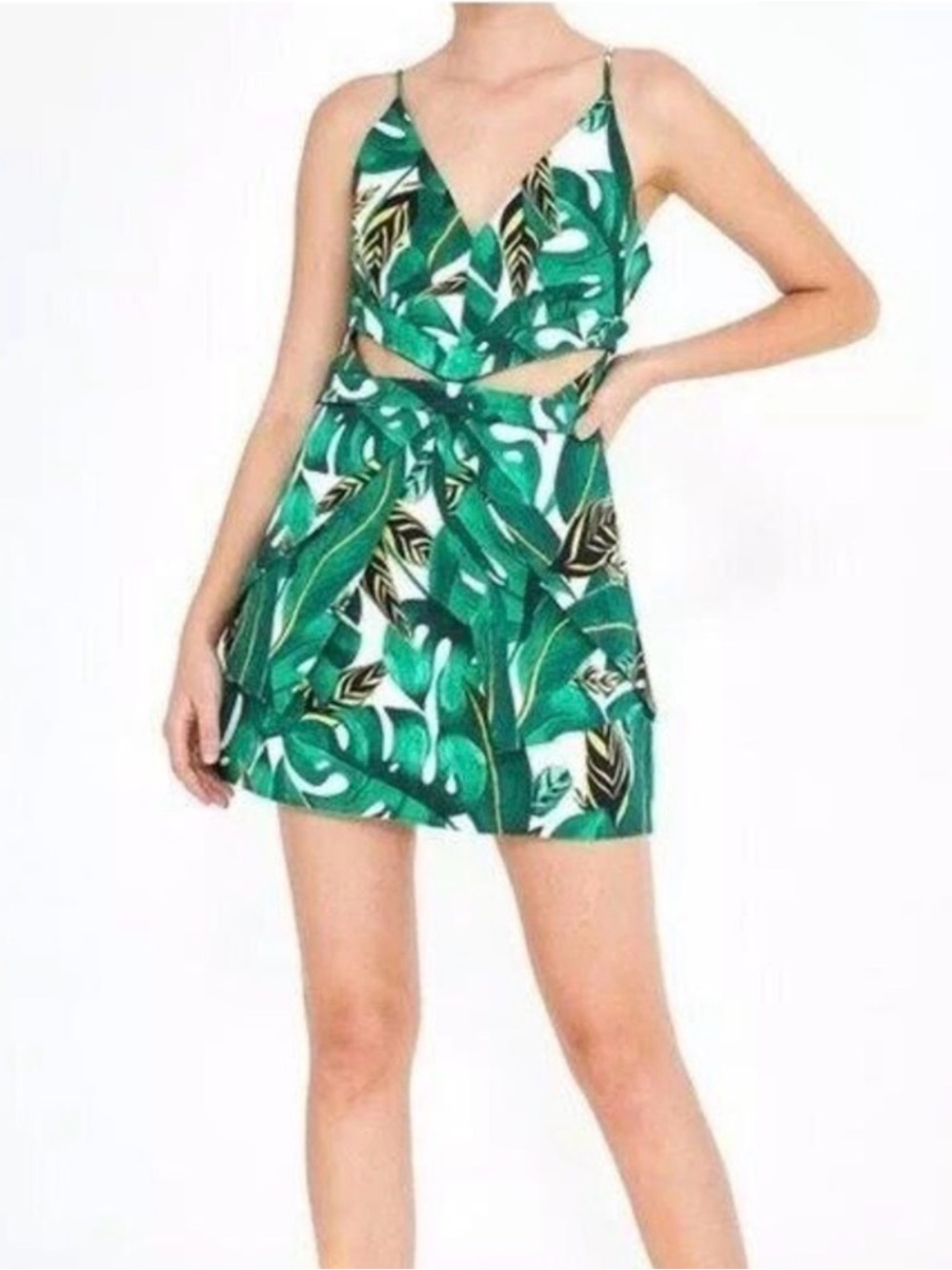 FARM Rio Green Tropical Leaf Mini Dress